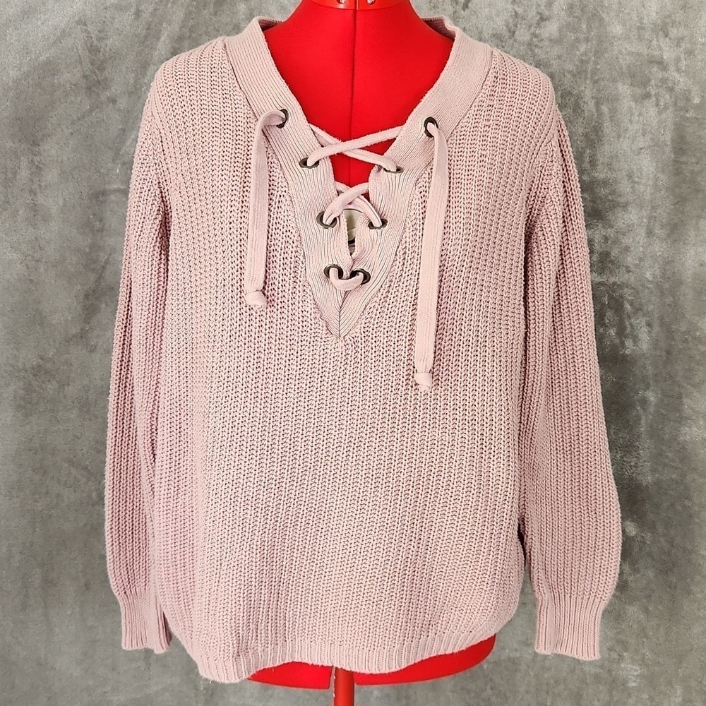 If It Were Me Blush Lace-Up Knit Pullover Sweater Size Small